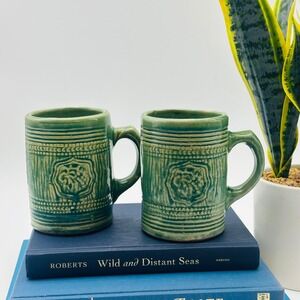 McCoy 1920's Green Stoneware Tankard Mugs Embossed Design Set of 2